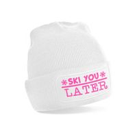 Wintersport muts voor volwassenen - Ski You Later - wit - roze glitter - one size - Apres ski beanie - thumbnail