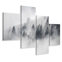 Schilderij - Mist in het bos, zwart/wit, 4 luik, premium print - thumbnail