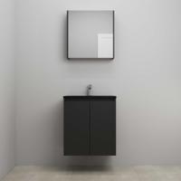 On-Line Badkamermeubelset - 60 cm - Bouwpakket - Greeploze Ladestructuur - Acryl Wastafel - 1 Kraangat - Spiegelkast - Mat Zwart