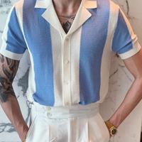 Men's Navy Blue Striped Knit Polo - Short Sleeve Crochet Top Blue and White / XXL