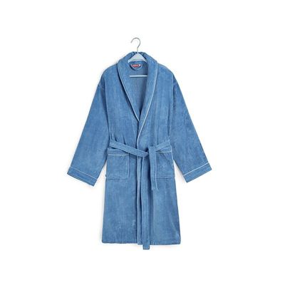 Luxe badjas velours met piping - denimblauw