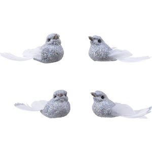 8x Decoratie glitter vogeltjes zilver op clip 5 cm