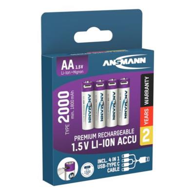 Oplaadbare AA Batterijen - Lithium-ION - USB-C - Blister 4 stuks + laadkabel