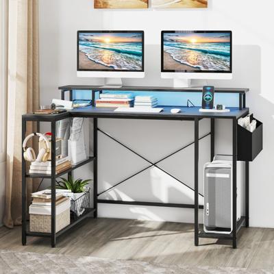 L-vormig Bureau met Stopcontacten & LED-verlichting Gaming Computertafel Zwart