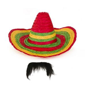 Carnaval verkleed set - Mexicaanse sombrero hoed met plaksnor - gekleurd - heren