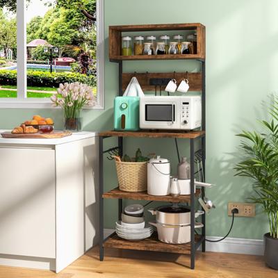 Keukenplank met Stopcontact 153 cm Hoog Magnetronrek Open Planken 10 Ophanghaken voor Keuken Eetkamer Woonkamer