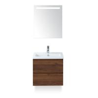 Vogue Badmeubelset 60 cm - Greeplijst in kleur - Walnoot - Keramische Wastafel Wit 1 kraangat - met Sence Spiegel