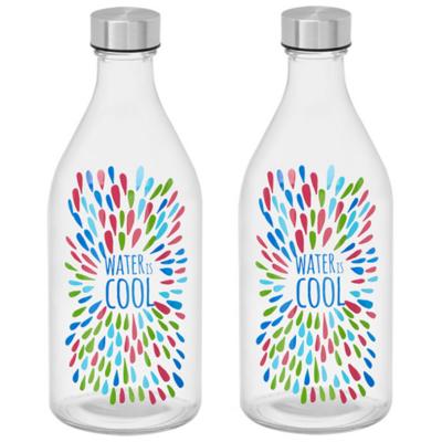 Vivalto Waterfles / drinkfles Summer - 2x - glas - transparant - met RVS dop - 1000 ml