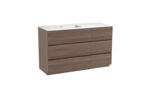 Storke Edge staand badmeubel 130 x 52 cm notenhout met Mata asymmetrisch linkse wastafel in solid surface mat wit