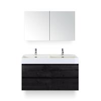 Maxx XL Badmeubelset 120 cm - Black Oak - Wastafel Kube Dubbel 2 kraangaten - met Spiegelkast