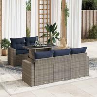 6-delige Loungeset met kussens poly rattan acacia grijs