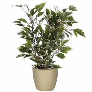 Groen/witte ficus kunstplant 40 cm met plantenpot parelgoud D13.5 en H12.5 cm