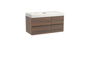 Storke Edge zwevend badmeubel 110 x 52 cm notenhout met Mata High asymmetrisch linkse wastafel in solid surface mat wit