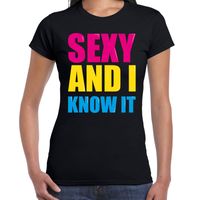 Sexy and i know it fun tekst t-shirt zwart dames - thumbnail