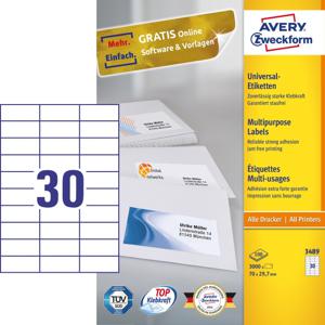 Avery-Zweckform 3489 Universele etiketten 70 x 29.7 mm Papier Wit 3000 stuk(s) Permanent hechtend Laser (kleur), Laser (zwart/wit)