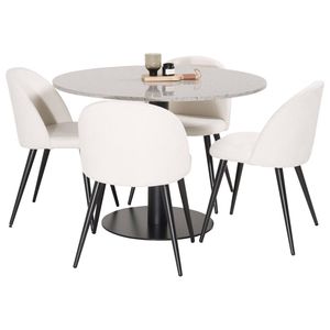 RazziaGR eethoek eetkamertafel terazzo grijs en 4 Velvet eetkamerstal fluweel beige, zwart.