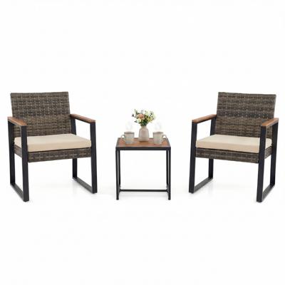 Balkonmeubelset Tuinmeubelset van PE-polyrotan met 2 Stoelen Bijzettafel en Zachte Kussens-Beige