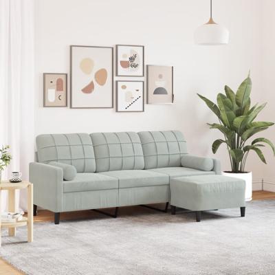 Driezitsbank met voetenbank 180 cm fluweel lichtgrijs