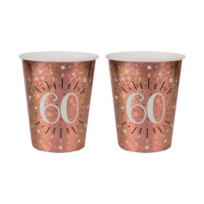 Verjaardag feest bekertjes leeftijd - 20x - 60 jaar - rose goud - karton - 270 ml