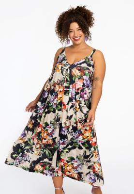 Yoek Mouwloze jurk BOUQUET | Bruin | Maat 50/52
