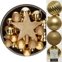 Decoris kerstballen 37x stuks goud 5-6-8-10 cm met ster piek kunststof Decoris kerstballen 37x stuks goud 5-6-8-10 cm met ster piek kunststof