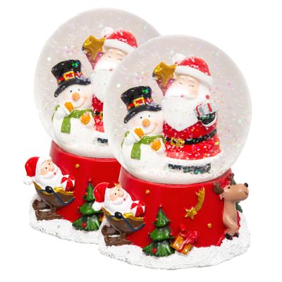 Sneeuwbol/snowglobe - 2x - rood - met kerstman en sneeuwpop - 10,5 cm - beeldje