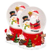 Sneeuwbol/snowglobe - 2x - rood - met kerstman en sneeuwpop - 10,5 cm - beeldje
