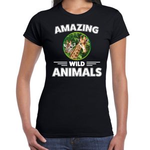 T-shirt giraffen amazing wild animals / dieren zwart voor dames