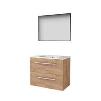 Basic-Line Framed 46 Badkamermeubelset - 80 x 46 cm - Met Grepen - 2 Lades - Keramische Wastafel - 1 Kraangat - Spiegel met Zwart Aluminium Frame - Whisky Oak