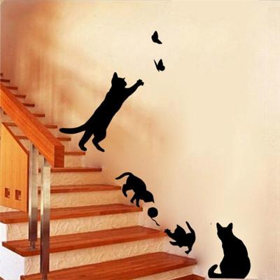 Kat spelen Butterfly muur sticker afneembare decoratieve stoffen slaapkamer keuken decoratie
