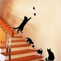 Kat spelen Butterfly muur sticker afneembare decoratieve stoffen slaapkamer keuken decoratie