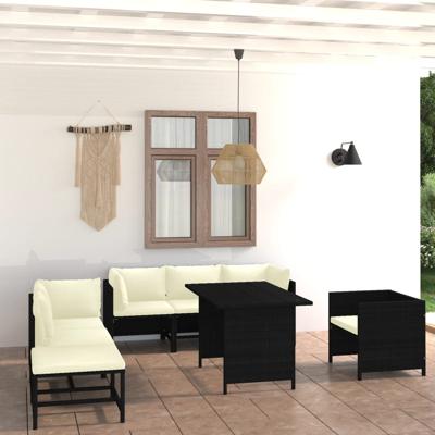 8-delige Loungeset met kussens poly rattan zwart
