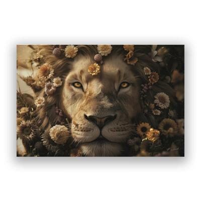 Glasschilderij - Leeuw Met Bloemen - 160 x 110 cm