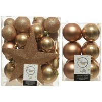 Kerstversiering kunststof kerstballen met piek camel bruin 5-6-8 cm pakket van 45x stuks - Kerstbal - thumbnail