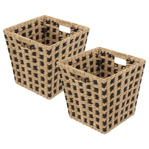 Gevlochten rieten opbergmand - 2x - vierkant - beige/zwart 31 x 31 x 31 cm