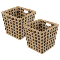 Gevlochten rieten opbergmand - 2x - vierkant - beige/zwart 31 x 31 x 31 cm - thumbnail