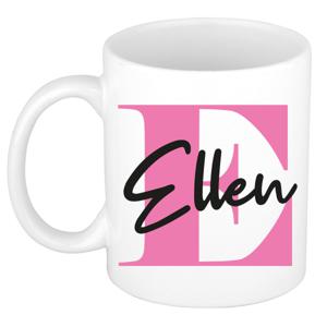 Naam mok Ellen - roze - wit - keramiek - 300 ml - verjaardag/cadeau beker