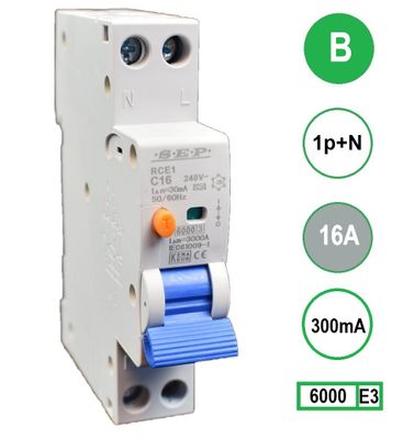 Aardlekautomaat 16A B KAR 300mA 2 polig 18mm breed Kema Keur 230V automaat en aardlek in een module