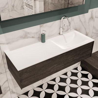 Mondiaz Lush Cloud badmeubel eiken Dark brown 120 cm 1 lade solid surface enkele spoelbak rechts 1 kraangat