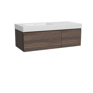 Storke Edge zwevend badmeubel 120 x 52 cm notenhout met Mata High asymmetrisch linkse wastafel in solid surface mat wit