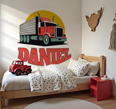 Gepersonaliseerde rode vrachtwagen muursticker kinderkamer