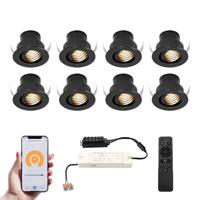 Set van 8 Medina Smart LED Mini Inbouwspots - Veranda spots - 12V 3W 150lm - Dimbaar - Kantelbaar - Wifi & Bluetooth - 2700K - IP44 - Zwart