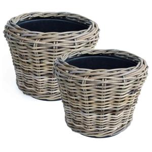 Planten/bloemen mand - 2x - rotan - gevlochten riet - D33 x H24 cm - drypot - plantenpot