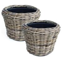 Planten/bloemen mand - 2x - rotan - gevlochten riet - D33 x H24 cm - drypot - plantenpot Planten/bloemen mand - 2x - rotan - gevlochten riet - D33 x H24 cm - drypot - plantenpot