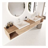 Mondiaz Bukla 240cm badmeubel met open module 40 L+R kleur washed oak 3 lades wastafel dubbel 2 kraangaten kleur talc