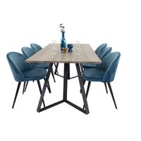 MarinaGRBL eethoek eetkamertafel el hout decor grijs en 6 Velvet eetkamerstal velours blauw, zwart.