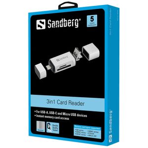 Sandberg SD / MicroSD-kaartlezer - USB-A / USB-C / MicroUSB - Zilver