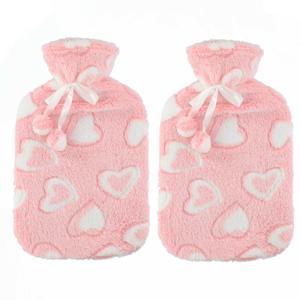 Warmwaterkruiken 2 liter met zachte fleece hoes roze/hartjes 2x stuks