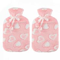 Warmwaterkruiken 2 liter met zachte fleece hoes roze/hartjes 2x stuks