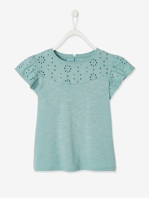 Meisjesshirt van Engels borduurwerk en mouwen met stroken zachtgroen